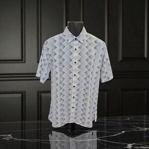 BASSIRI MEN'S CASUAL ABSTRACT SHORT SLEEVE SHIRT. WHITE BLACK SILVER. 5141